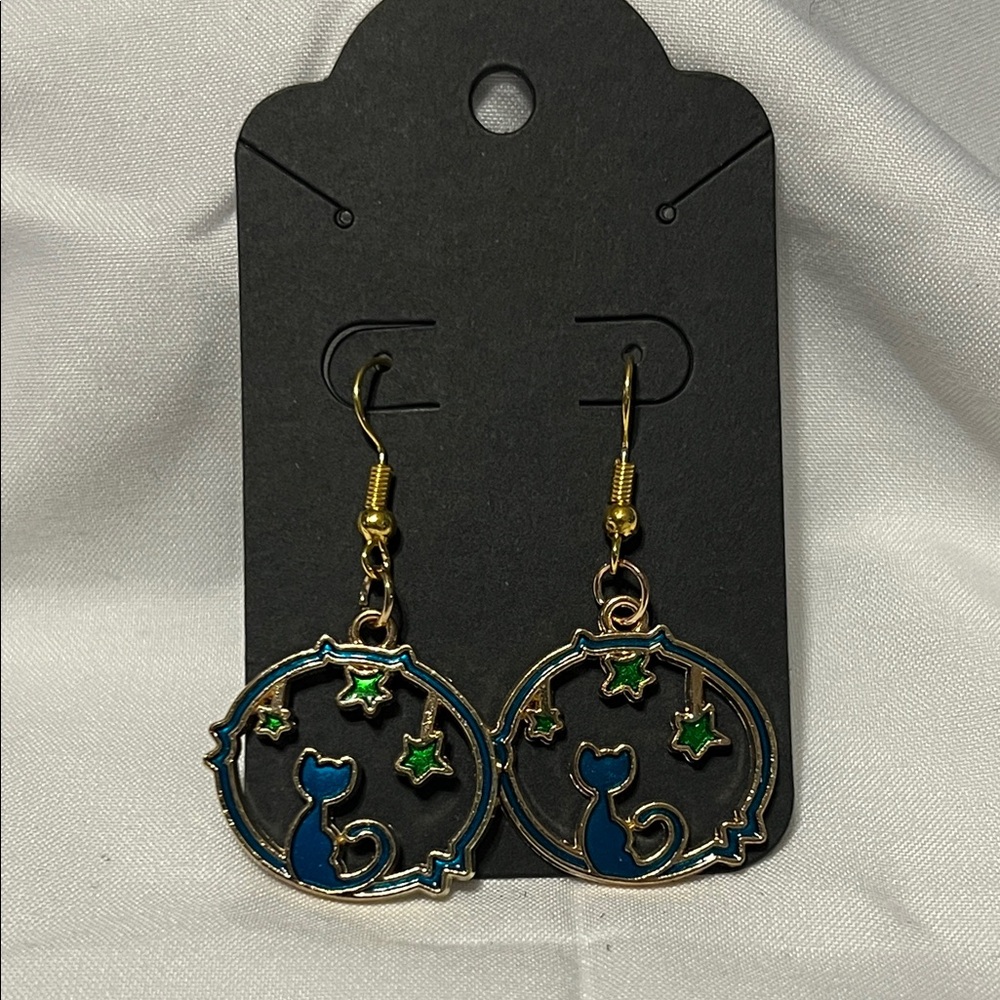 Cat and Stars Dangle Earrings